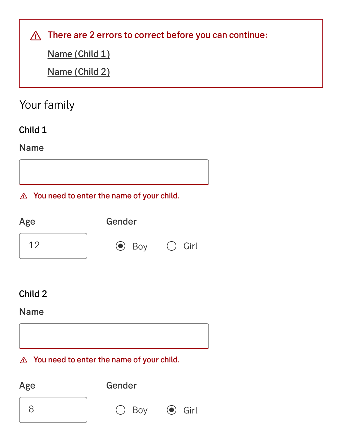 Example of multiple fields labelled "Name"