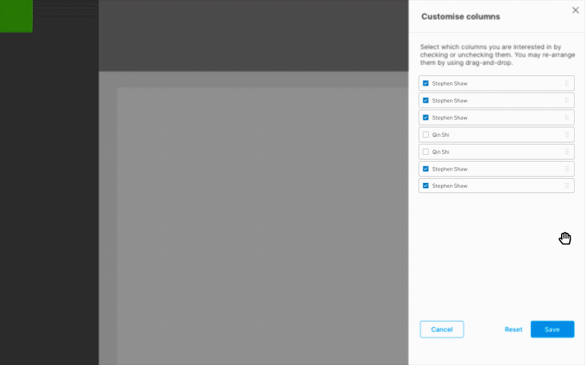 Exampel of how a user uses drag and drop to change order in the component