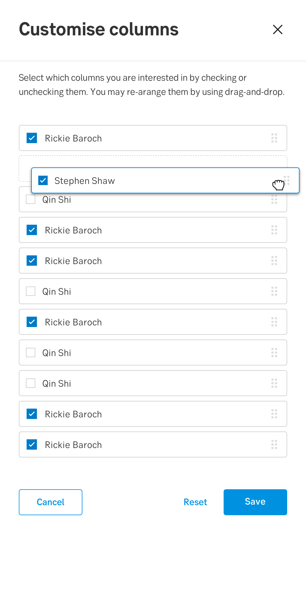 Selected item in drag-and-drop (pressed) state showing the dashed area